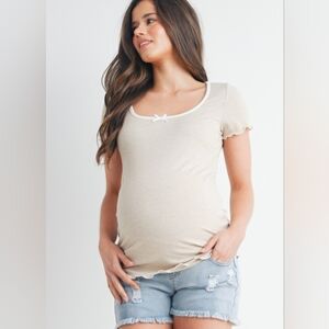 Pinkblush Beige Ribbed Scoop Neck Maternity Top with Bow